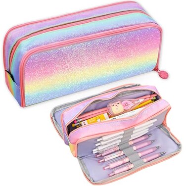 BETURETOP Glitter Rainbow Pencil Case Large Capacity Pencil Pouch Pen Bag Organizer with 3 Compartments for Students School Office Supplies Back to School Gifts