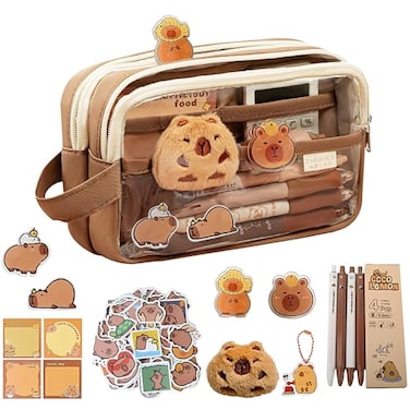 GEDEUBAN Cute Capybara Pencil Case Stationery Pouch Set with 10 Stickers2 Brooches1 Doll2 Clip1 Notepad1 Keychain4 Pens Cartuchera De Capibara