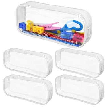 ISUSSER 5 Pack Clear PVC Zipper Pencil Pouch Pen Pencil Case Makeup Pouch Large Capacity Pencil Bag for Office Stationery Travel Storage White