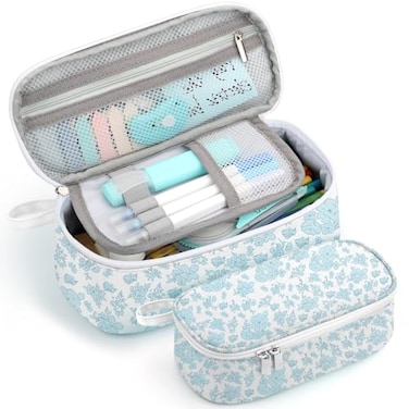 Jcocylse Large Capacity Pencil Case Portable Pencil Pouch Bag School Supplies for College Students AdultsBlue Flowers