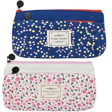 Maydahui 2 PCS Flower Garden Pencil Case Large Capacity Canvas Pastoral Style Pen Pouch Holder Storage Bag Organizer Stationery Box Makeup Pouch Cosmetic Bag for Women Students Party Travel