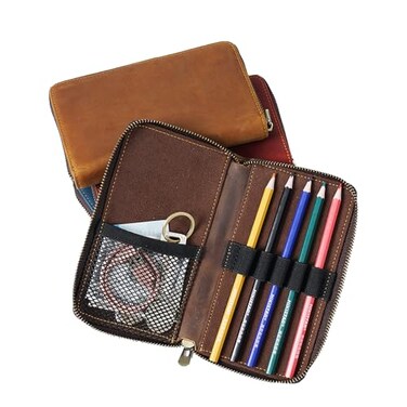 MIVLXLX Leather Pencil Case Organizer with Zipper Portable Pen Case Storage for Drawing Pencils and Markers coffee