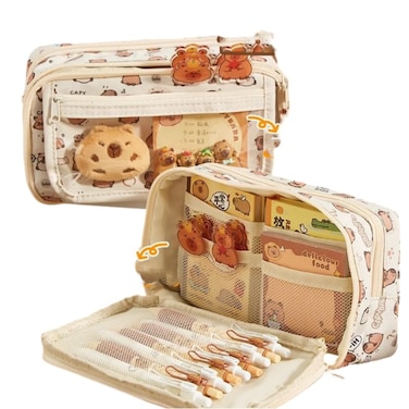 NAPIMICO Flip Top Pencil Case Cute Pencil Pouch with Kawaii Capybara Decors Makeup Bag Aesthetic Pen Holder Office Stationery Brown