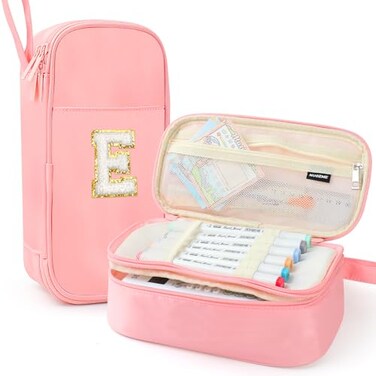 Nuozme Extra Large Pencil CaseBig Capacity Pencil PouchPersonalized Initial Pencil Bag with smooth zipperMultiple PocketsCute Aesthetic Stationery Pen Case Bag for Teen Girls College Pink E