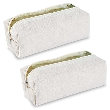 SenseYo 2 Pack Cute Pencil Case Bag with Smooth Zipper Small Canvas Pen Pouch Storage Organizer for Stationery Cosmetics Electronics Classroom Office Travel Beige