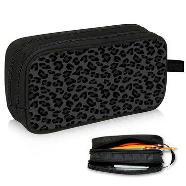 WOBAGMEN Double Layer Pencil Case with Handle Large Pencil Bag Cute Print Pencil Pouch for Boys Girls Black Leopard