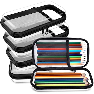 Sanwuta 4 Pcs Clear Hard Shell Zipper Case Clear Travel Pouches Bulk Plastic Portable Travel Organizer Bin with Mesh Pocket Toiletry Pouch Cosmetics Makeup Bag Snack Toiletry BagBlack
