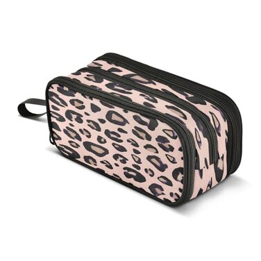 SUABO Big Capacity Pencil Case Leopard Print Cheetah Pink 3 Compartment Pen Bag Pouch Holder Box For Office College School Portable Storage Bag for Kids