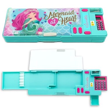 Decorably Pop Up Multifunction Mermaid Pencil Case for Girls with Calculator Sharpener Pen Slots Mini Drawer and 2 Main Compartments with Magnetic Closure Back to School Gift for Kids