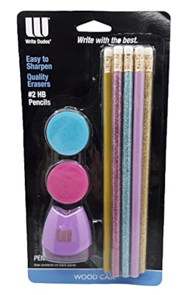 Write Dudes 2 Pencils Eraser Sharpener Combo Pack Glitter