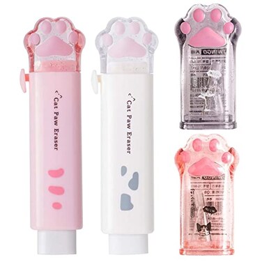 keepsweat 2 Pcs Cat Paw Cute Pencil Sharpener and 2 Pcs Retractable Eraser Push Pull Design Kawaii Cat EraserPencil Sharpeners Manual for Kids Rubber Aesthetic Erasers Student Home School Supplies