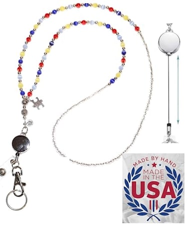 Hidden Hollow Beads Retractable Badge Reel Womens Hand Beaded Lanyard Strong ID Card Holder 34 USA Keys Teacher Nurse Cruise Autism Awareness