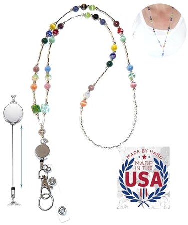 Hidden Hollow Beads Retractable Badge Reel Womens Hand Beaded Necklace Lanyard USA Strong ID Card Holder Keys Teacher Nurse Cruise Multi Super Slim