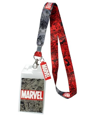 Bioworld Marvel Lanyard ID Badge Holder 2 Rubber Charm Pendant with Raised Script and 2 Sided Vintage Comic Strip Pattern