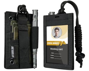 ONETIGRIS OneTigris Tactical ID Card Holder Hook Loop Patch Badge Holder Neck Lanyard Key Ring and Credit Card Organizer Black