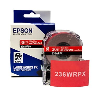 LABELWORKS Epson 236WRPX PET Polyester Tape Cartridge White on Red Label Maker Tape 15 36MM Wide 30