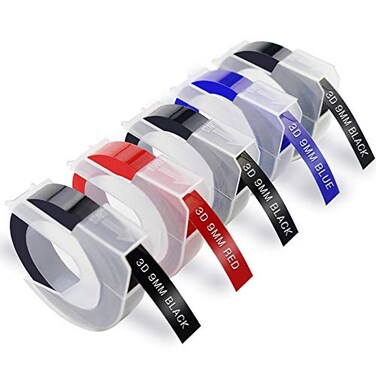 BEYONDTEK Embossing Label Maker Tape Compatible for Dymo 38 Embossing Label Maker 3D Plastic Labels for Dymo Organizer Xpress 12965 DYM 12966 Office Mate II White on BlackRedBlue 5Pack