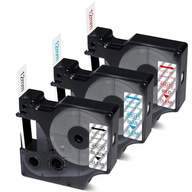 NodiSem 3Pack Compatible Dymo D1 Label Tape 45010 45011 45012 12 Inch12mm x 23 Ft BlackRedBlue on Clear Replacement D1 Clear Tape Refills for Dymo LabelManager 160210D280360D420P220P260P450DUO