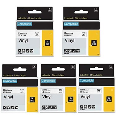FlyLong 18444 Vinyl Label Tape 12 Replacement for DYMO Rhino 18444 Industrial Permanent Vinyl Tapes Black on White 12 inch x 18 feet Compatible with DYMO Rhino 4200 5000 5200 6000 Label Maker 5pack
