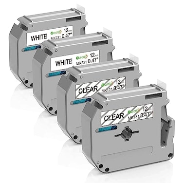 Buyalot Compatible Label Tape Replacement for Brother P Touch MTape MK131 MK131 MK231 Work with Brother Ptouch PT90 PTM95 PT45 PT65 047 Inch12mm 262 Feet8m Black on WhiteClear 4Pack