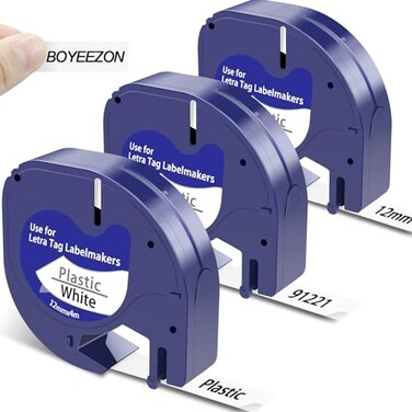 BOYEEZON Compatible with Dymo LetraTag Label Maker Refills 91331 Plastic White Tape 12mm x 4m 12 x 13 for Dymo Letra Tag Label Maker LT100H LT100T QX50 200BLabel Cartridges 3 Pack