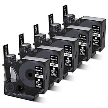 Freshworld 5Pack Replacement for Dymo D1 Label Tape White on Black 45021 S0720610 Permanent Polyester Tapes12 Inch12mm x 23Ft7mfor Dymo LabelManager PnP 160 210D 260P 280 360D 420P Label Maker