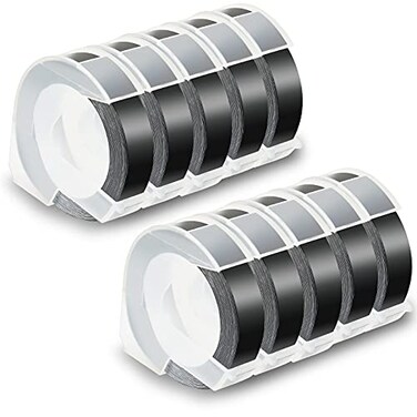 Pristar Replacement 3D Plastic 9mm Embossing Tapes 38 x 98 Compatible for Dymo Embossing Label Maker Organizer Xpress 12965 Xpress Pro 12966 Office Mate II 154000 White Print on Black 10Pack
