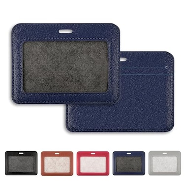 Lanyardio 1 Pcs Leather ID Badge Holder Horizontal Blue Multiple Card Slots for Offices Staff Students Employees