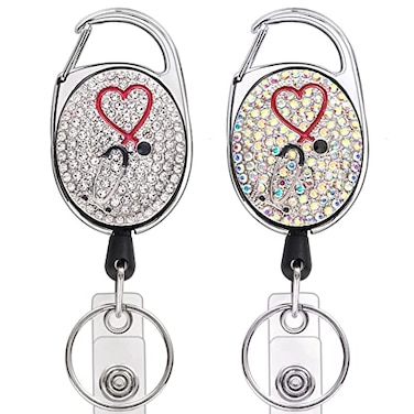 Coeufuedy 2 Pieces Bling Retractable Nurse KeychainCute Shiny Badge Reel Holder for ID CardGift for Nurse StudentsDoctor