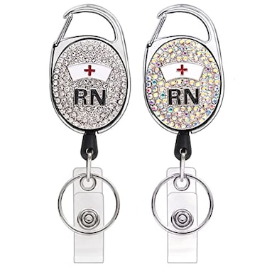 Coeufuedy 2 Pieces Bling Retractable Nurse KeychainCute Shiny Badge Reel Holder for ID CardGift for Nurse StudentsDoctor