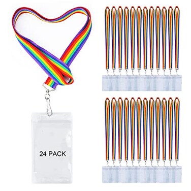 CANWELUX 24 Pack Rainbow Lanyard with ID Holder Colorful Durable Neck Lanyards with Thicken Card case for Teachers Office Conferences Carnival or Event Rainbow Stripe 24