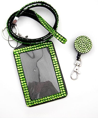 ALL in ONE Rhinestone Lanyard Bling Crystal Necklace Badge Reel Card Holder for Business IdKey Green
