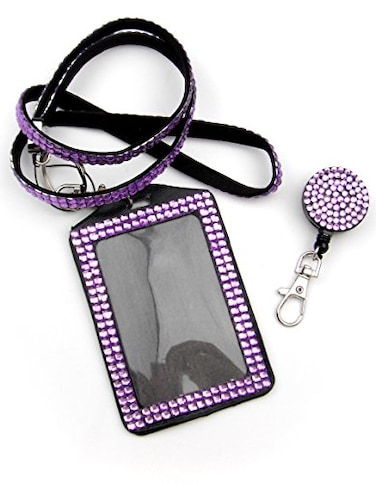 ALL in ONE Rhinestone Lanyard Bling Crystal Necklace Badge Reel Card Holder for Business IdKey Purple