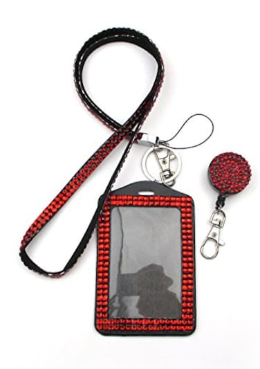 ALL in ONE Rhinestone Lanyard Bling Crystal Necklace Badge Reel Card Holder for Business IdKey RED