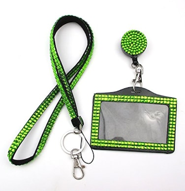 ALL in ONE Rhinestone Lanyard Bling Crystal Necklace Badge Reel Horizontal Card Holder for Business IdKey Green