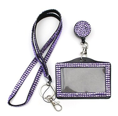 ALL in ONE Rhinestone Lanyard Bling Crystal Necklace Badge Reel Horizontal Card Holder for Business IdKey Purple