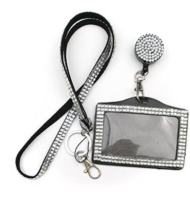 All In ALL in ONE Rhinestone Lanyard Bling Crystal Necklace Badge Reel Horizontal Card Holder for Business IdKey White