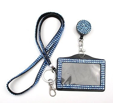 ALL in ONE Rhinestone Lanyard Bling Crystal Necklace Badge Reel Horizontal Card Holder for Business IdKeyBlue