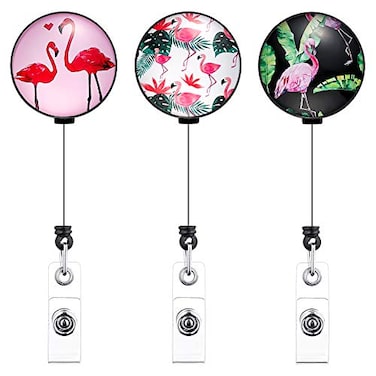 Artscope 3 Pack Crystal Glass Retractable Badge Reel Holder 24 inch Retractable Cord Nurse Badge Clip ID Name Badge Holder with Belt Clip Flamingo A