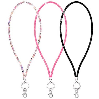 Ascrafter Bling Crystal Lanyard Strap with Metal Clasp Keyring Rhinestone Neck Lanyard for Women ID Card Keys Strap 3 PackBlackPinkMulticolor