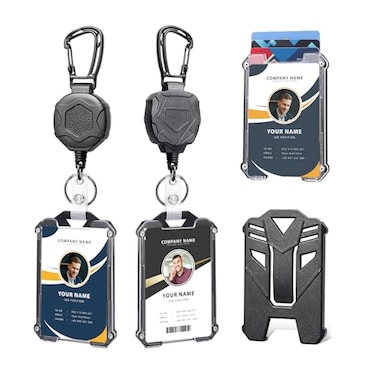 COOKOOKY Badge Holder Retractable Clip Heavy Duty Carabiner Badge Reel Keychain with Lanyard ID Cards Holder Cool Tactical ID Holder