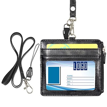 Wisdompro Badge Holder with Zip 2Sided PU Leather ID Badge Holder with 1 ID Window 4 Card Slots 1 Side Zipper Pocket and 1 piece 20 Inch Leather Neck Lanyard Strap Black Horizontal