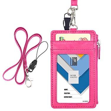 Wisdompro Badge Holder with Zip Double Sided PU Leather ID Badge Card Holder Wallet Case with 5 Card Slots 1 Side Zipper Pocket and 20 Inch Leather Neck LanyardStrap Hot Pink Vertical