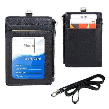 boshiho Badge Holder with Zipper Boshiho Genuine Leather ID Badge Card Holder Wallet with 185 Neck Lanyard 5 Card Slots Vertical Style