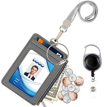Life-Mate Badge Holder with Zipper LifeMate PU Leather ID Badge Card Holder Wallet Case with 5 Card Slots Zipper Pocket 19 Polyester Neck Lanyard Heavy Duty Metal Retractable Badge Reel Gray
