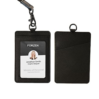 FORZEN Badge HoldersLeather ID Badge HolderVertical Leather ID Badge Card Holder with 1 Clear ID Window and 1 Detachable Neck Lanyard for Offices IDSchool ID Black
