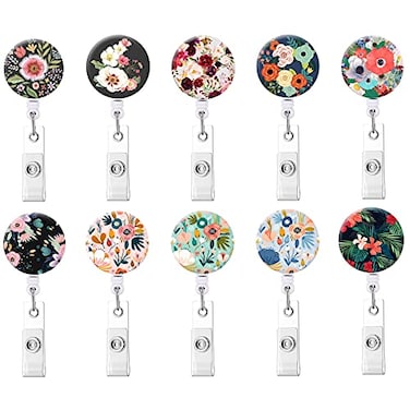 Bosketo Badge Reel Retractable Badge Holder Carabiner with Alligator Clip On ID Card Holders 10pack Flowers
