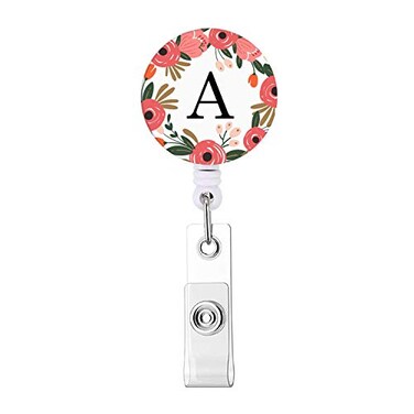 HEVITDA Badge Reel Retractable ID Card Badge Holder with Alligator Clip Name Nurse Decorative Badge Reel Clip on Card Holders Floral Wreath Letter A