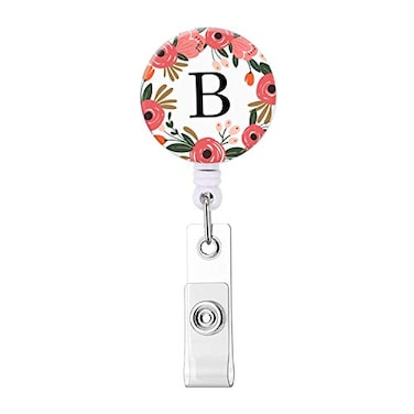 HEVITDA Badge Reel Retractable ID Card Badge Holder with Alligator Clip Name Nurse Decorative Badge Reel Clip on Card Holders Floral Wreath Letter B