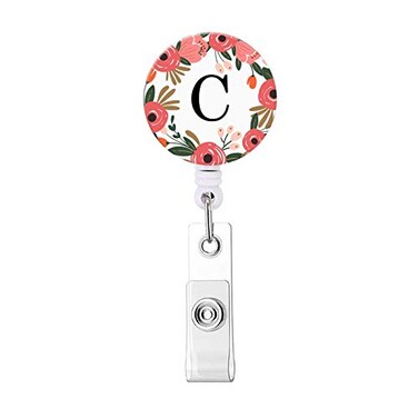 HEVITDA Badge Reel Retractable ID Card Badge Holder with Alligator Clip Name Nurse Decorative Badge Reel Clip on Card Holders Floral Wreath Letter C
